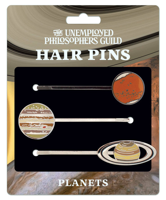 A card labeled Planet Hair Pins displays three astronomy-themed hair pins featuring Jupiter, Mars, and Saturn against a planetary background.