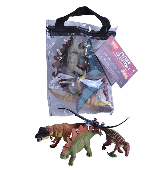 A clear Dinosaur 11" Zip bag with a black handle holds a set of dinosaur toy figures. Three dinosaurs and a pterosaur are displayed outside, and the bag features a Dinosaur Collection tag.