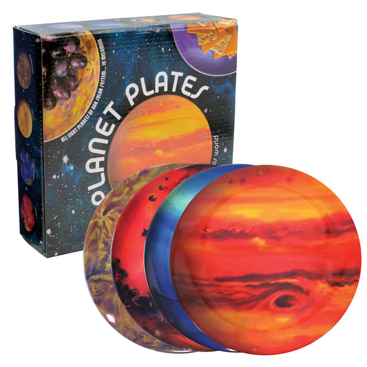 Planet Plates, a set of colorful melamine plates with realistic images of different planets, is displayed next to its box labeled "Planet Plates" and decorated with space-themed graphics and planet images.