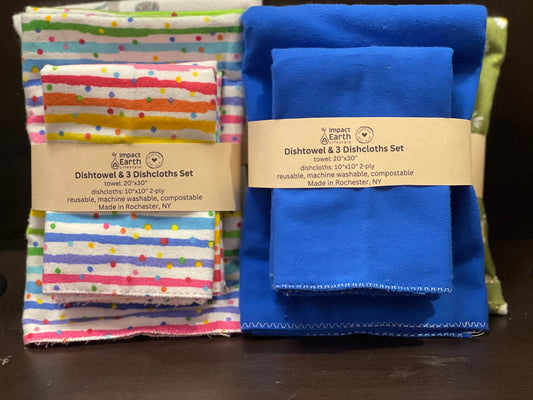 The Dishtowel & 3 Dishcloth Set–Compostable comes in two designs: one with colorful stripes and dots, the other in solid blue. Both are compostable, machine washable, and made in Rochester, NY.