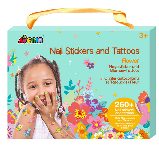 A colorful box labeled “Nail Stickers And Tattoos FLOWER” for ages 3+, shows a smiling girl with floral nail stickers and tattoos on her face and hands, surrounded by vibrant flowers. Includes over 260 nail stickers and tattoos.