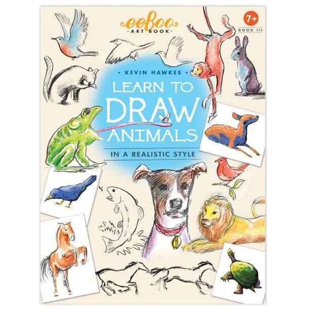 Cover of the Learn to Draw Animals Art Book, showcasing colorful sketches of a frog, horse, lion, and bird on a white background. Ideal for budding artists ages 7 and up.