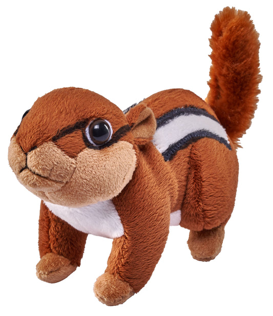 The Pocketkins-Eco Chipmunk 5" is an eco-friendly plush toy with brown fur, a white belly, black and white stripes on its back, large round eyes, and a bushy tail. It stands on all four legs.