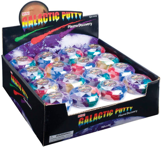A display box labeled Mini Galactic Putty features multiple small, round containers of reusable, shimmering slime. The vibrant cosmic-themed packaging showcases this sensory toy and includes a warning about small parts.