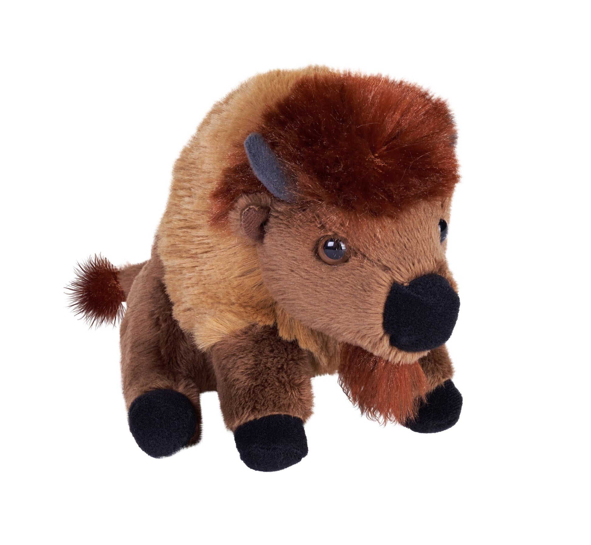 The Pocketkins-Eco Bison 5" is a plush companion with brown fur, shaggy mane, black hooves and nose, small dark eyes, short horns, and a fluffy tail—crafted from recycled materials and shown on a white background.