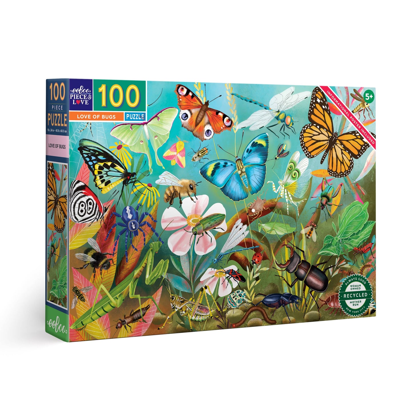 The Love of Bugs 100 Piece Puzzle features vibrant illustrations of insects, butterflies, beetles, and flowers in a lively garden scene. This educational puzzle is perfect for ages 5 and up.