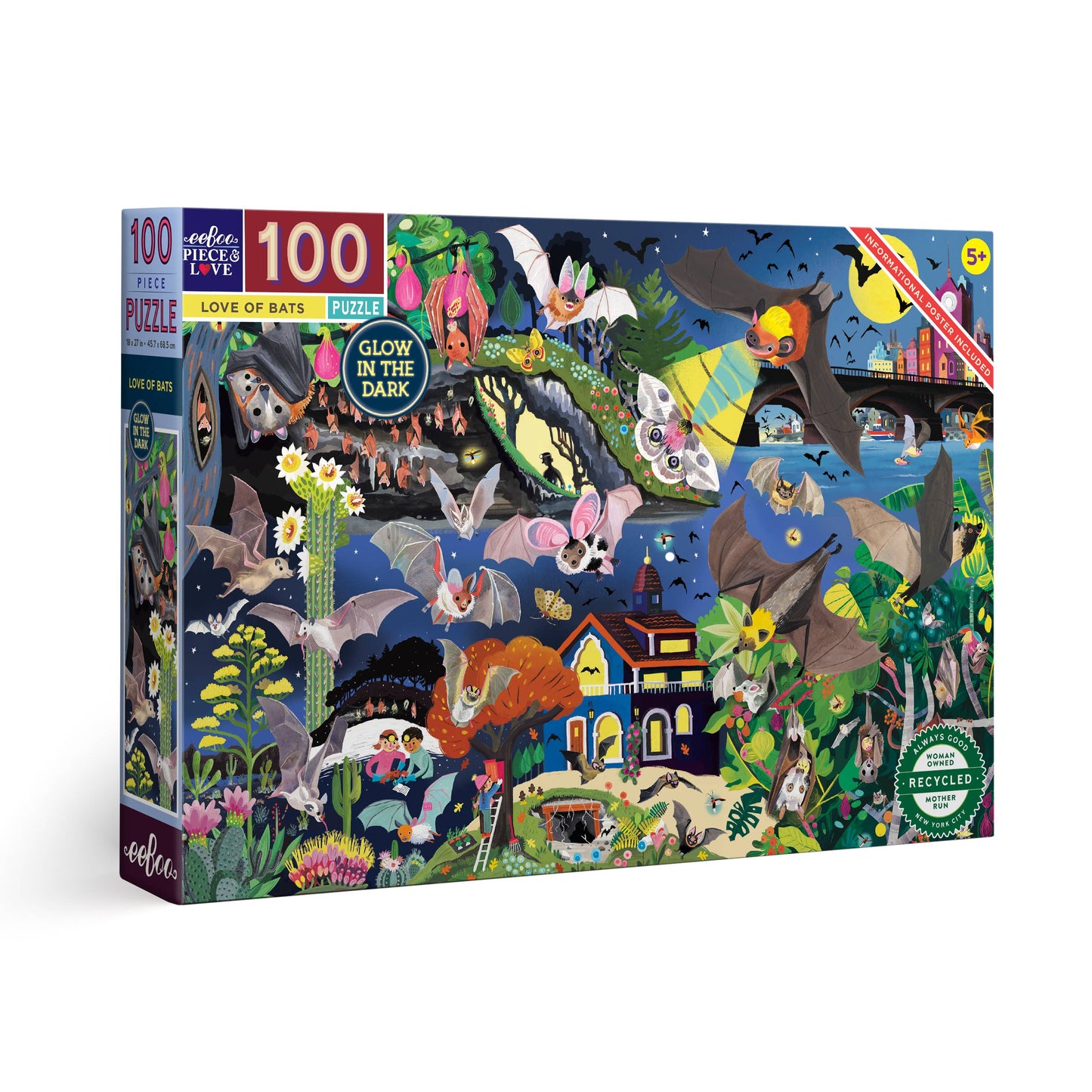 The Love of Bats 100 Piece Glow in the Dark Puzzle features colorful bats flying at night, with a house, trees, moon, and stars. Made from recycled materials, this educational puzzle glows in the dark for added fun.