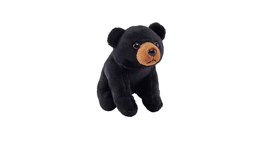 The Pocketkins-Eco Black Bear Stuffed Animal 5" by Wild Republic is an eco-friendly plush toy with a brown snout and round black eyes, shown sitting upright against a white background.