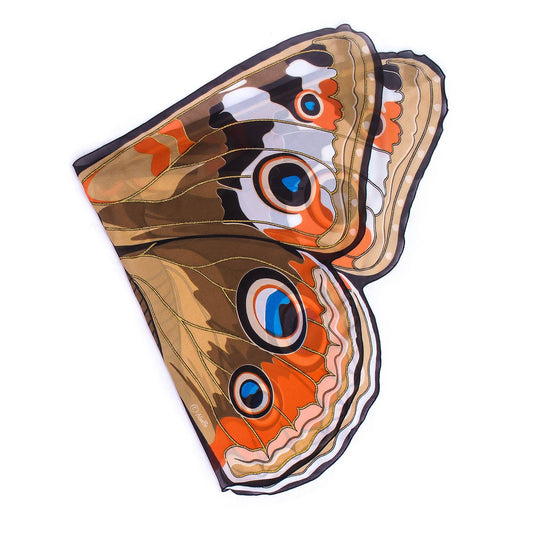 Designed for imaginative play, the Natural Butterfly & Moth Wings: Buckeye Bfly showcase brown, orange, black, and blue patterns with eye-like spots and detailed veining on a flat white background.