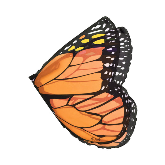 Natural Butterfly & Moth Wings: Monarch Blfy features realistic monarch butterfly patterns in vibrant orange, black, and white—perfect for imaginative play or dress up, displayed against a white background.