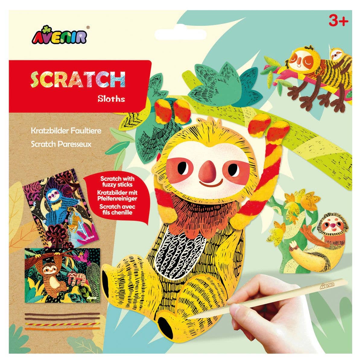 Scratch Art with Stem SLOTHS is a colorful scratch art kit for kids ages 3+. The playful packaging features cartoon sloth illustrations, sample artwork, and a hand using the wooden stylus—perfect for creative fun!.